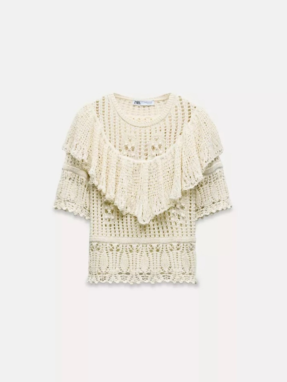 NWOT Zara Cream Pointelle Knit Ruffle Short-Sleeve Top | Boho Romantic | Size L